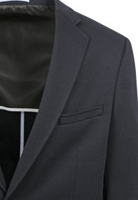 Donkerblauwe blazer, slim fit, met een notch revers, enkele borstzak en een stijlvolle binnenvoering met subtiele textuurdetails.