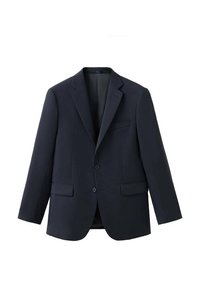 Blazer blu navy in tessuto liscio, con chiusura a due bottoni, rever a incavo, due tasche frontali e una tasca al petto.