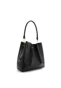 Sort håndtaske med krokodillestribet tekstur og struktureret form, udstyret med et enkelt håndtag og guldfarvede detaljer for ekstra finish.