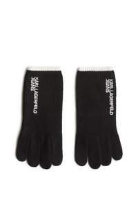 Black knit gloves with exposed fingers, white ribbed cuffs, and "KARL LAGERFELD JEANS" embroidered in white on the side.