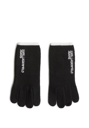 Black knit gloves with exposed fingers, white ribbed cuffs, and "KARL LAGERFELD JEANS" embroidered in white on the side.