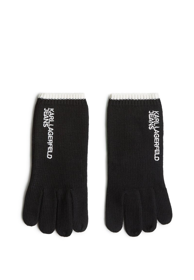 Black knit gloves with exposed fingers, white ribbed cuffs, and "KARL LAGERFELD JEANS" embroidered in white on the side.