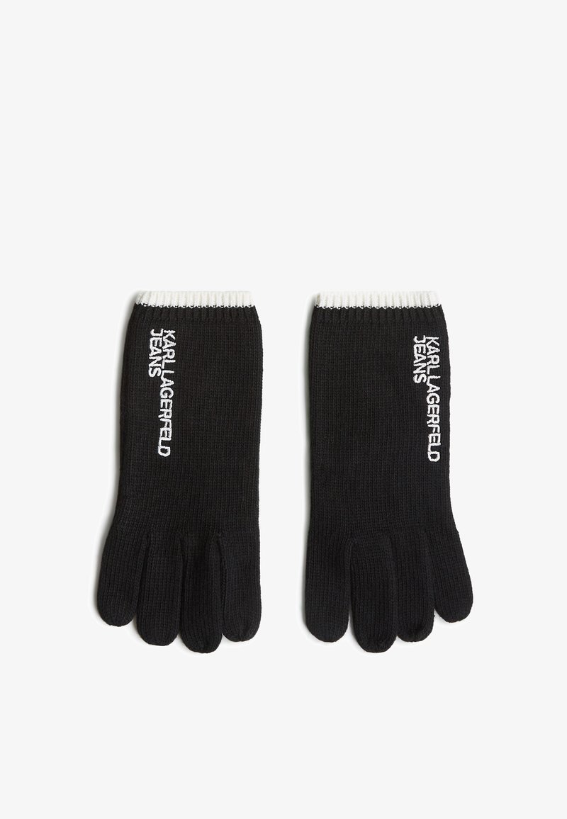 Črne pletenine rokavice z razkritimi prsti, bele rebraste manšete in izvezenim napisom "KARL LAGERFELD JEANS" v beli barvi na strani.