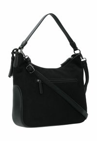 Borsa nera con un corpo in tessuto morbido e dettagli in pelle. Presenta una chiusura superiore con zip, una tracolla regolabile e una tasca anteriore con zip.