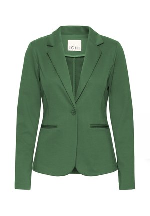 Groene blazer met een enkele knoopsluiting, smalle geknipte revers, twee voorzakken met een gestructureerde afwerking. Zachte stof, getailleerde pasvorm.