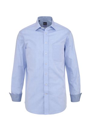 Hellblaues langärmeliges Hemd zum Knöpfen mit einer Brusttasche sowie kontrastierendem inneren Kragen- und Manschettendetail.