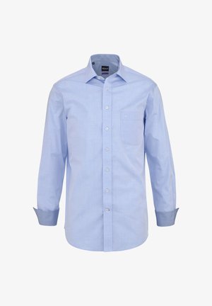 Hellblaues langärmeliges Hemd zum Knöpfen mit einer Brusttasche sowie kontrastierendem inneren Kragen- und Manschettendetail.