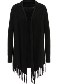 Cardigan noir tricoté avec un col châle, ouvert à l'avant et des franges dans le bas. Motifs texturés sur le devant.