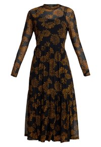 Svart lång ärmad midi-klänning med genomskinliga ärmar och orange blommig leopardmönster.