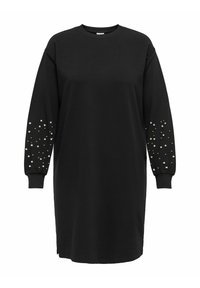 Robe sweat noire à manches longues, ornée de détails en clous décoratifs sur les manches, avec des poignets côtelés et une silhouette décontractée.