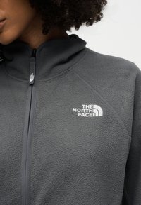 Κοντινό πλάνο ενός ατόμου που φοράει γκρι φλίς μπουφάν North Face με φερμουάρ στον γιακά και κεντημένο λογότυπο στο στήθος.