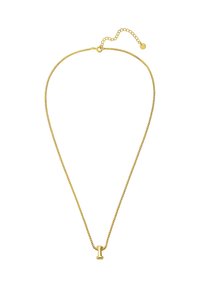 Zlato obarvan ogrlica s tankim, nežnim ketem in majhnim, velikim obeskom v obliki črke "I", ki ima gladko površino in nastavljiv zapirnik.