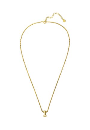 Guldfarvet halskæde med en tynd, delikat kæde og en lille, store bogstav "I" vedhæng, med en glat overflade og justerbar lås.