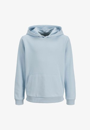 Hele sinine kapuutsiga pusa pikkade varrukatega, esiküljel kängurupõik ja soonikkoes mansetid ning alumine serv, valgel taustal.