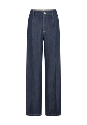 Dark blue wide-leg denim trousers with front pleats, belt loops, button and zip closure, and subtle stitching details.
