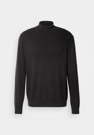 Temno siva pulover s turtleneck ovratnikom, narejen iz mehkega, strukturiranega materiala; ima dolge rokave in prilegajoč kroj ter rebrast ovratnik in spodnji rob.