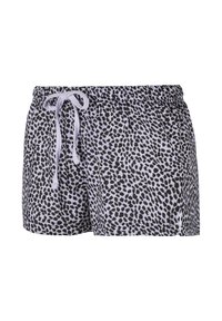 Crno-bijele kratke hlače s leopard uzorkom, elastičnim pojasom i bijelim vezicama, prednjim džepovima i malim bočnim prorezima.