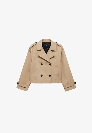Beige cropped trench coat with double-breasted button closure, shoulder epaulettes, and black buttons. Soft fabric and tailored design.