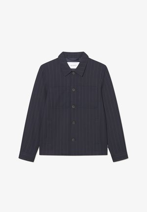 Navy blue jacket with vertical pinstripes, button closure, and two front pockets. Made from a smooth fabric with a classic collar design.