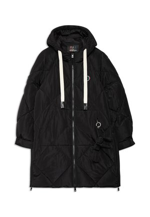 Schwarzer gesteppten Steppjacke mit Kapuze, vertikalem Reißverschluss und weißen Kordeln. Verfügt über diagonale Nähte und ein seitliches Bindeelement.