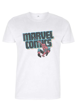 Hvid, kortærmet T-shirt med et stort grafisk tryk, hvor "MARVEL COMICS" er skrevet med fed typografi og en illustration af Spider-Man.