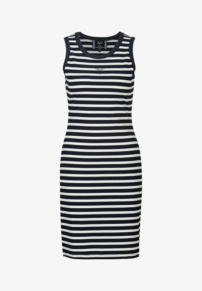 Ärmelloses Kleid mit Navy- und weißen Streifen in körperbetontem Schnitt. Hergestellt aus weichem, dehnbarem Material. Verfügt über ein kleines Logo auf der Vorderseite.