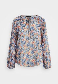 Blus med blommönster i lätt tyg, med nyanser av blått, orange och gult. Puffärmar med elastiska manschetter och snörning vid halsen.