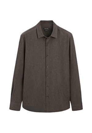 Camicia marrone a maniche lunghe realizzata in tessuto testurizzato, presenta un collo classico, una linea dritta e una chiusura con bottoni sul davanti.