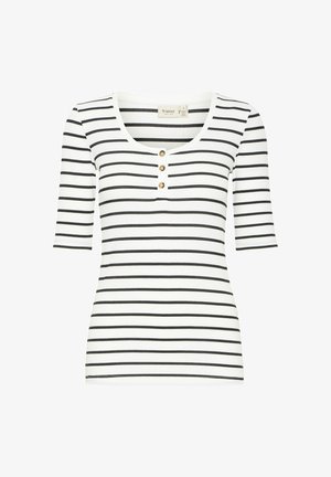 Svītraina t-kreksa baltā un melnā krāsā ar izteiksmīgu kakla līniju, trīs pogām priekšpusē un īsām piedurknēm. Izgatavota no ribotas auduma.