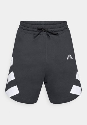 Pantaloncini sportivi grigio scuro con vita elastica e coulisse. Presentano strisce diagonali bianche e logo sul lato. Texture liscia.