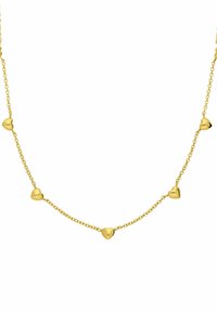 Gold chain necklace featuring multiple small, polished heart-shaped accents evenly spaced along the length of the chain.