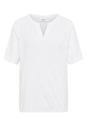 Weiße kurzärmlige Bluse mit einem Ausschnitt und elastischem Saum, aus leichtem Baumwollstoff hergestellt.