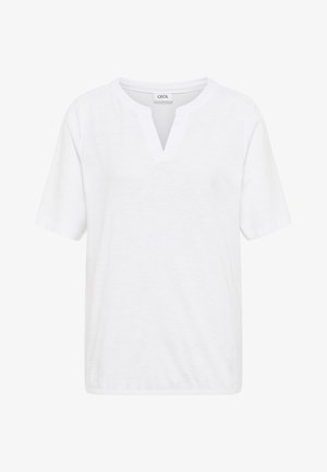 Hvid kortærmet bluse med en indsnævret halsåbning og elastisk kant, lavet af letvægts bomuldsstof.