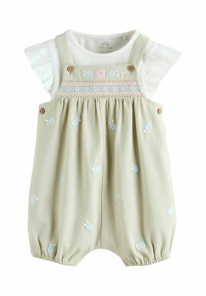 Light green baby romper with embroidered blue and pink flowers, wooden buttons, paired with white ruffle-sleeve shirt underneath.