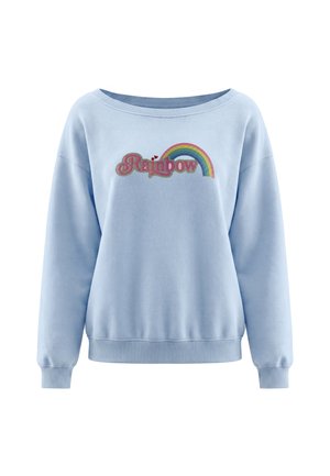 Lyseblå sweatshirt med lange ærmer, ribstrikkede manchetter og kant, med teksten "Rainbow" og en regnbuegrafik på brystet.
