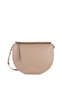 Borsa a tracolla in pelle beige con forma arrotondata, chiusura con zip e tracolla rimovibile. Presenta un logo discreto nella parte inferiore.