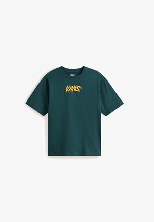 T-shirt in cotone verde scuro con maniche corte e collo rotondo, caratterizzato da una prominente grafica gialla con la scritta "VANS" sul davanti.