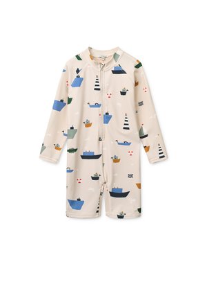 Kinder-Badeanzug mit kurzen Ärmeln aus elastischem Material; verfügt über einen beigen Hintergrund mit bunten Mustern von Booten und Leuchttürmen.