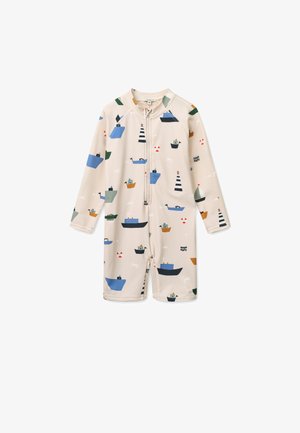 Dětské plavky s krátkým rukávem z pružného materiálu; mají béžové pozadí s barevnými motivy lodí a majáků.