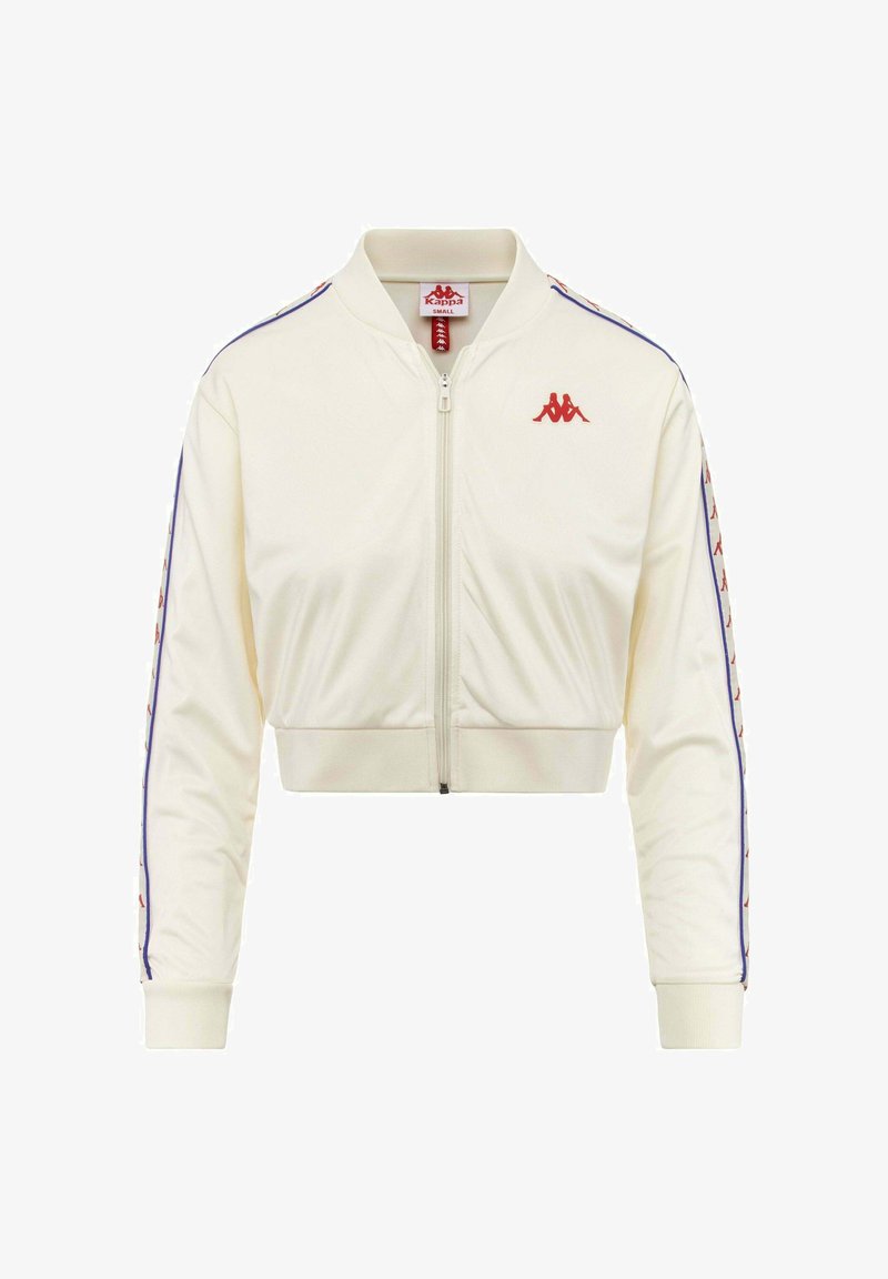 Bomber corto in tessuto color crema con zip frontale, polsini a coste e logo Kappa; presenta nastri laterali decorati a motivi in rosso e blu.