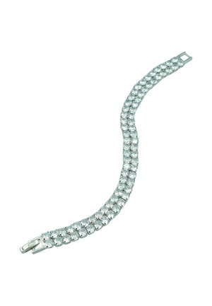 Bracciale d'argento con numerosi gemme trasparenti e rotonde disposte in un motivo curvo, dotato di una chiusura semplice. Texture liscia e finitura lucida.