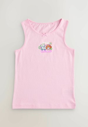 Top senza maniche di colore rosa chiaro, realizzato in cotone, con una stampa grafica di cani cartoni animati e il testo "PAW PATROL", e un dettaglio a fiocco vicino al collo.