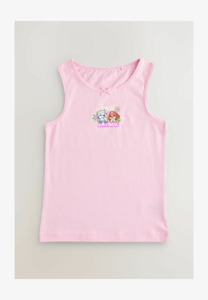 Top de bumbac de culoare roz pal, cu un print grafic ce înfățișează câini de desene animate și textul "PAW PATROL", având un detaliu în formă de fundiță aproape de guler.