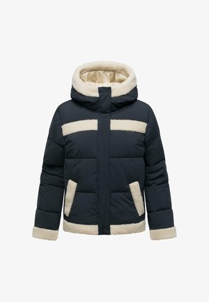 Svart pufferjacka med krämfärgad sherpa-foder på huva, bröststrimma, fickkanter, manschetter och sidsöm.