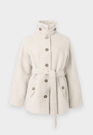 Cream-colored wool blend coat with a high collar, button-front closure, and a waist tie. Features side pockets and brown decorative buttons.