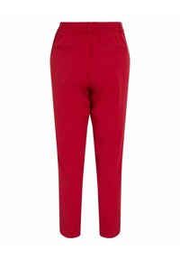 Pantalons rouge fuselés avec une taille élastique, comportant deux poches arrière et une texture de tissu lisse.
