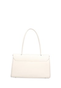 Borsa a mano in pelle bianca con una forma strutturata, parte superiore piatta e manico lungo. Presenta una texture liscia e un design minimalista senza decorazioni.