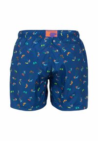 Pantaloni da bagno della marina con stampe colorate di kite surfer su tutta la superficie. Presentano un elastico in vita e un'etichetta con logo sul retro.