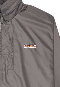Grijze lichtgewicht jas met een staande kraag, voorzien van een DC Shoes logo patch in geel en paars op de linker borst. Soepele textuur.