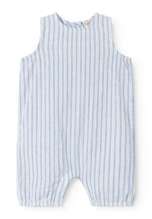 Tutina senza maniche per neonato con righe verticali blu e bianche, scollo rotondo e vestibilità comoda, realizzata in tessuto leggero.